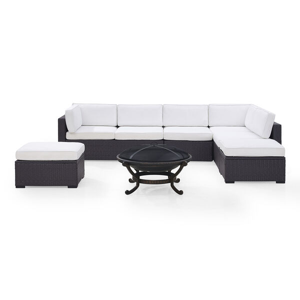 Biscayne 7 Person Outdoor Wicker Seating Set in White - Two Loveseats， One Armless Chair， Two Ottomans， Ashland Firepit