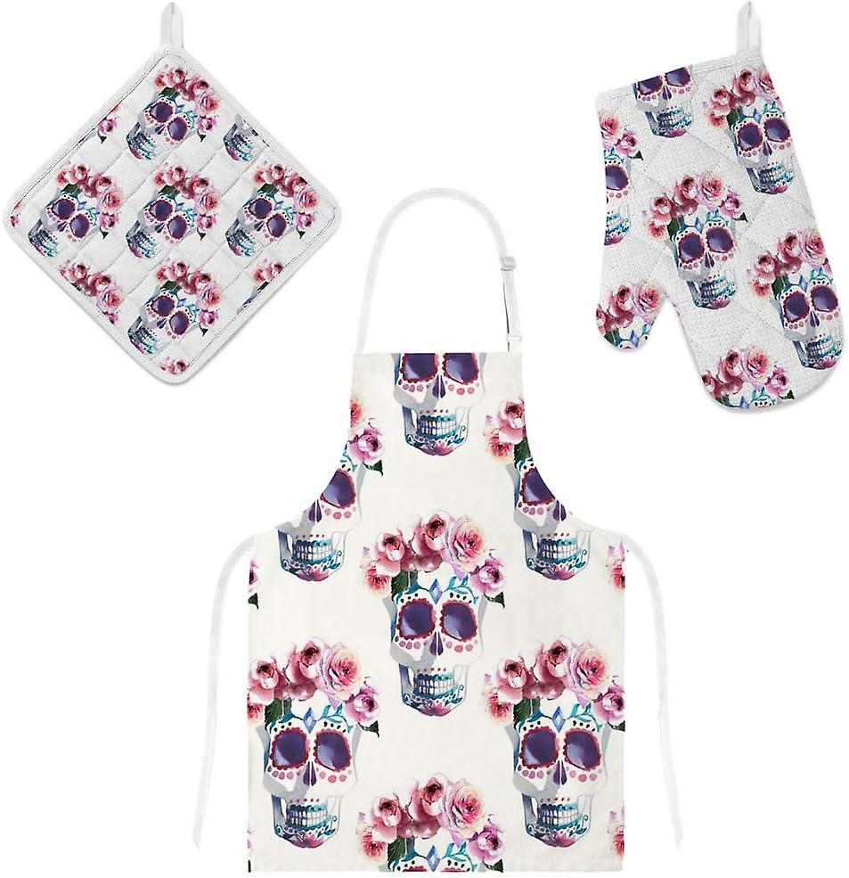 Insulation Kitchen Oven Mitts Potholder Apron 3pcs Set Floral Skull With Roses Wreath Non Slip Heat Resistant Gloves For Baking Cooking Bbq