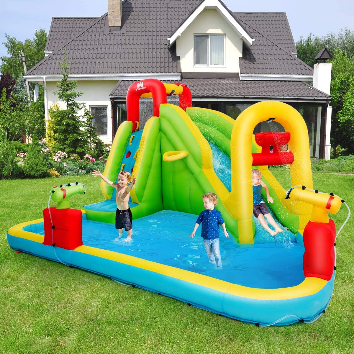 BOUNTECH 7-in-1 Giant Water Slide Bouncer Park with Tunnel & 2 Water Cannons