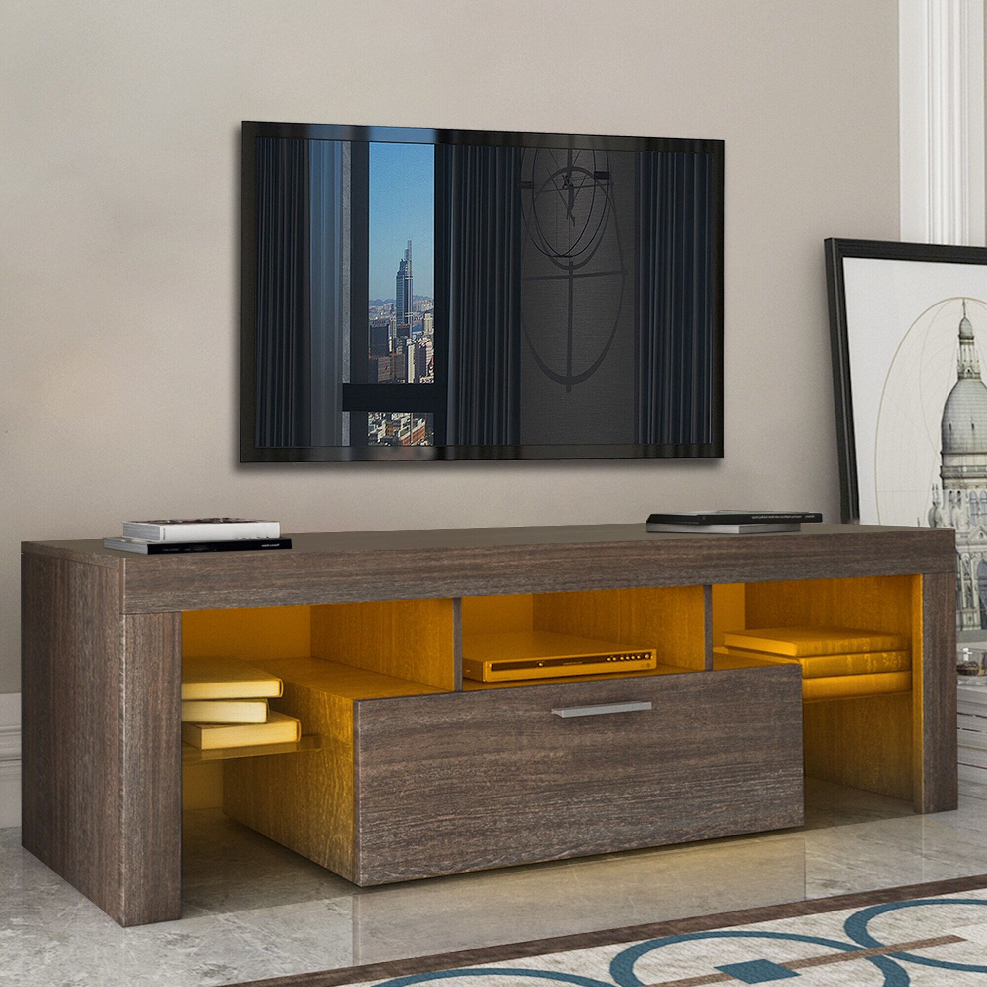 Modern LED TV Stand for 55inch TV， Entertainment Center with Cabinet - 51