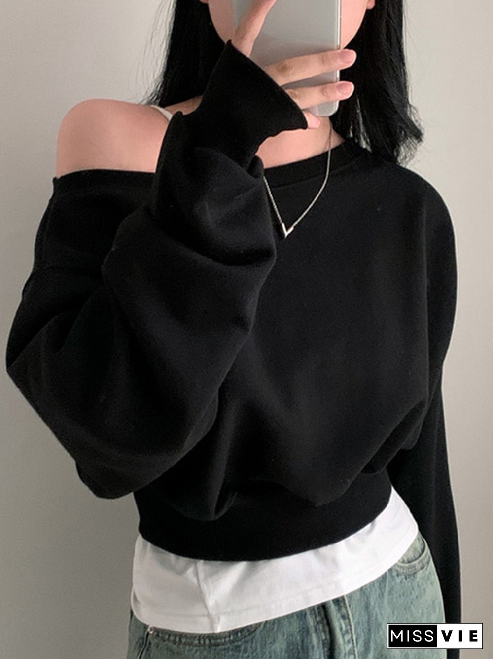 Solid One Shoulder Short Sweatshirt