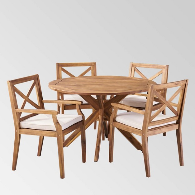 Llano 5pc Acacia Wood Round Dining Set Teak cream Christopher Knight Home