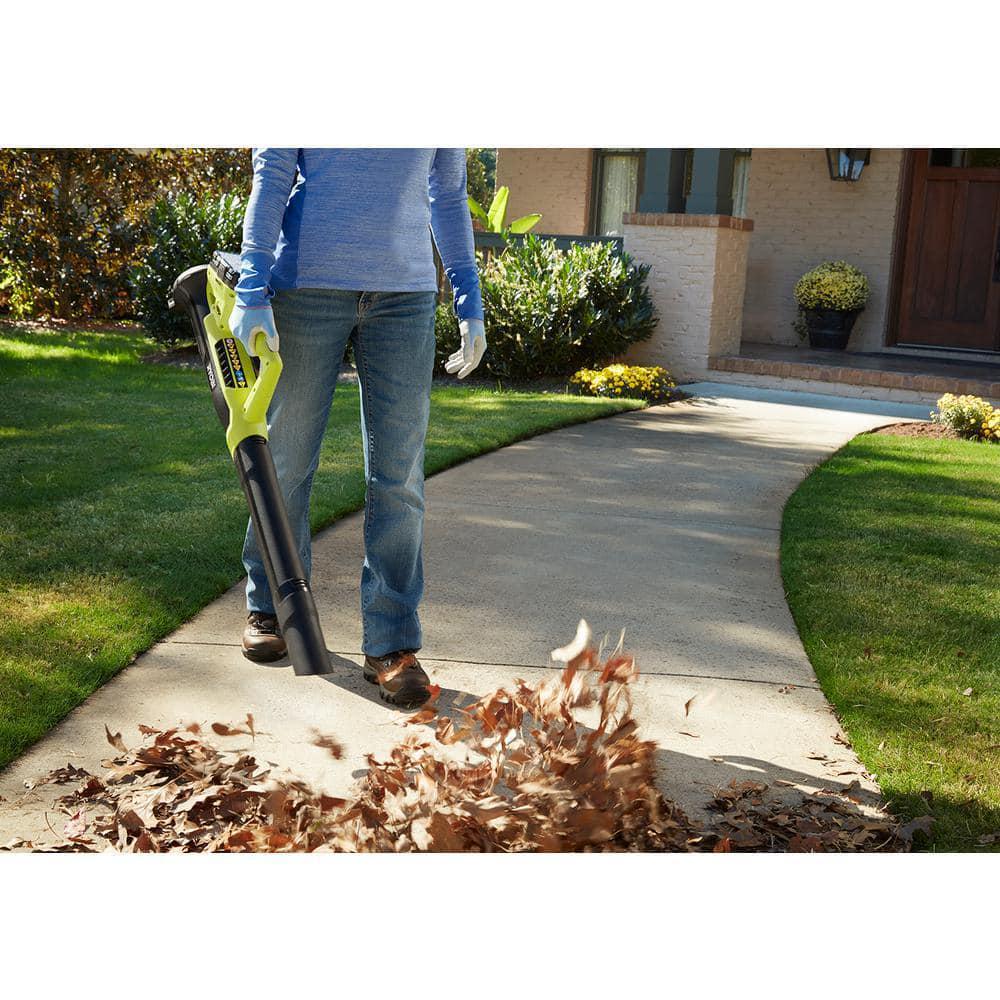 RYOBI ONE 18V 13 in Cordless Battery Walk Behind Push Lawn Mower and Leaf Blower with 40 Ah Battery and Charger