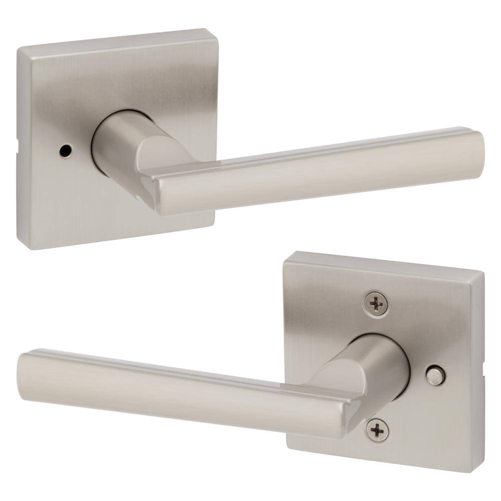 Kwikset Montreal Square Satin Nickel Privacy BedBath Door Handle with Lock 730MRLSQT156ALRCS