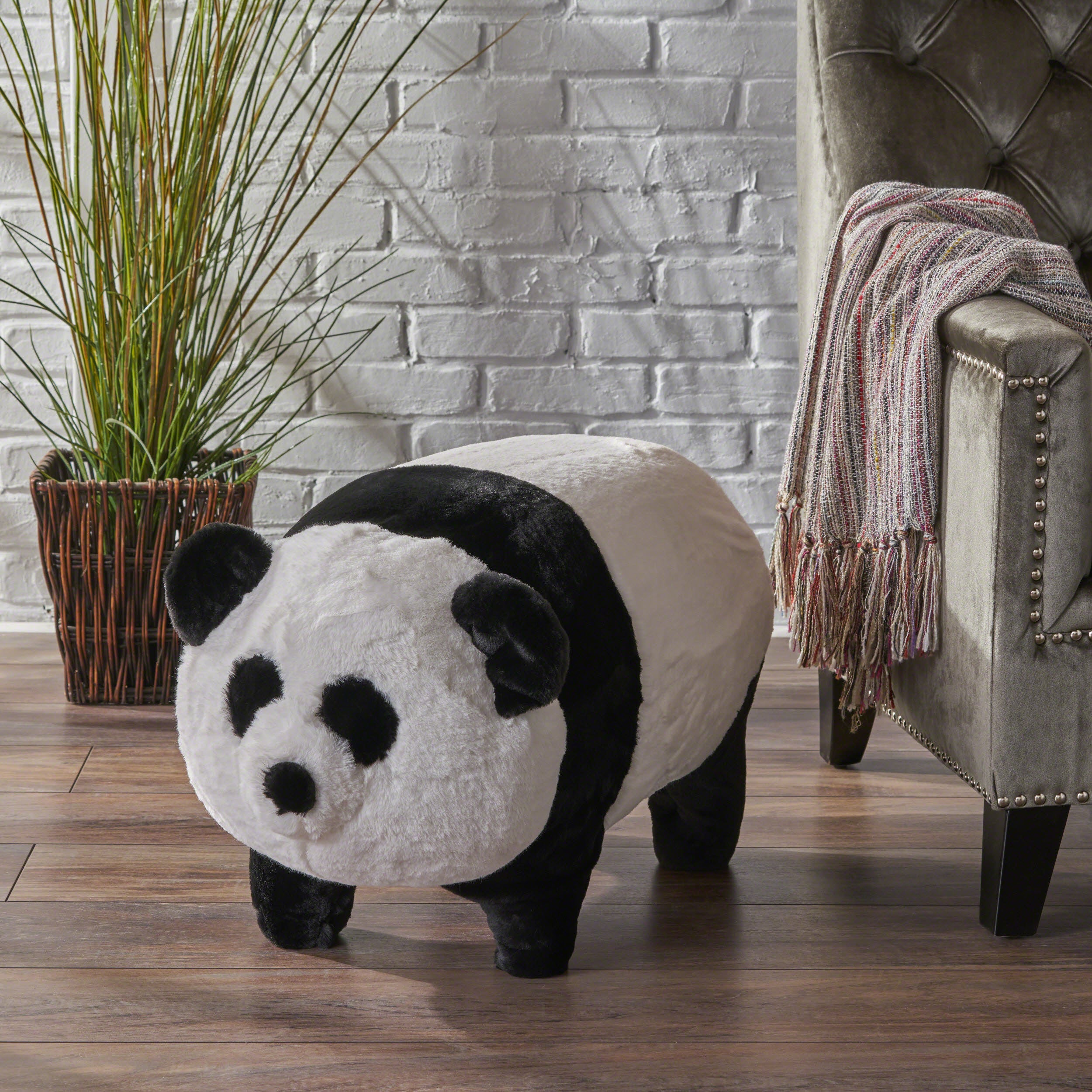 Jom Kid's White and Black Furry Panda Ottoman