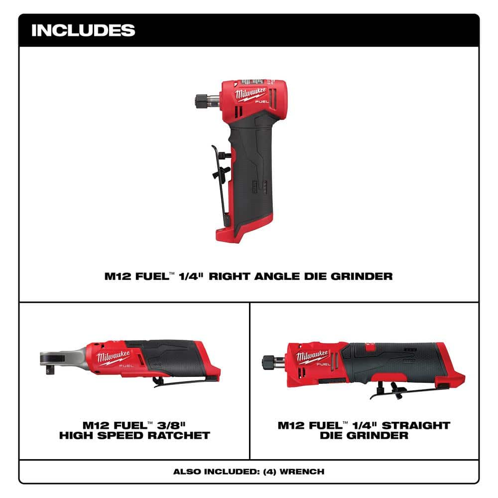 Milwaukee M12 FUEL 12V Lithium-Ion High Speed 3/8 in. Ratchet w/ (1) 1/4 in. Right Angle and (1) 1/4 in. Straight Die Grinder 2567-20-2485-20-2486-20