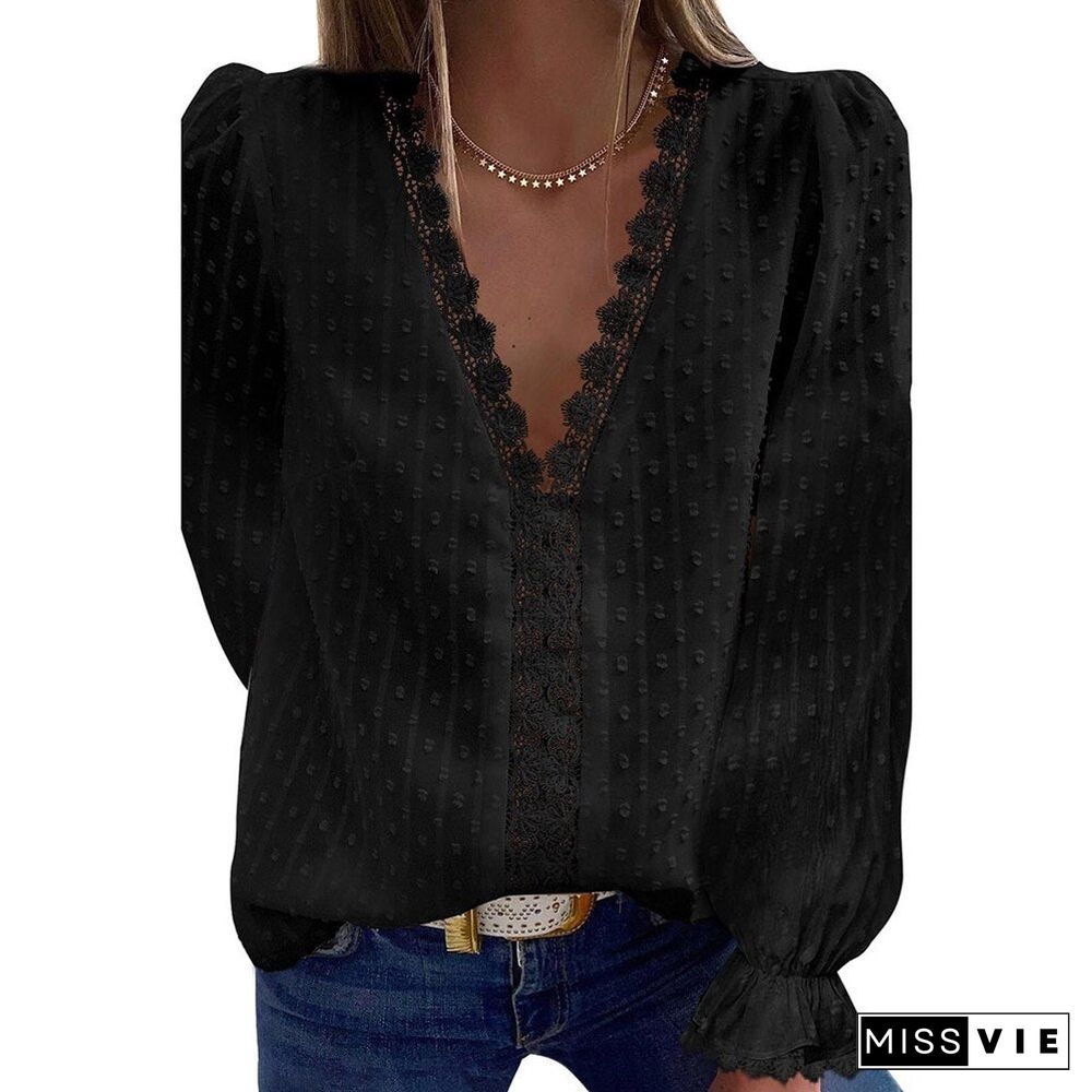 Solid Color Sexy V-Neck New Bluses For Women Jacquard Lace Blouse Fashion Long Puff Sleeve Casual Spring Shirt Ladies Tops D30