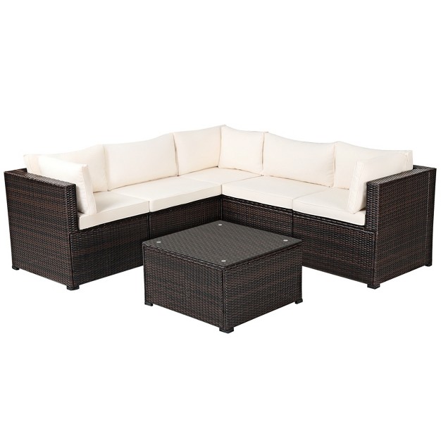 Tangkula 6 Pcs Patio Rattan Furniture Set Outdoor Wicker Conversation Sofa Set W tempered Glass Coffee Table