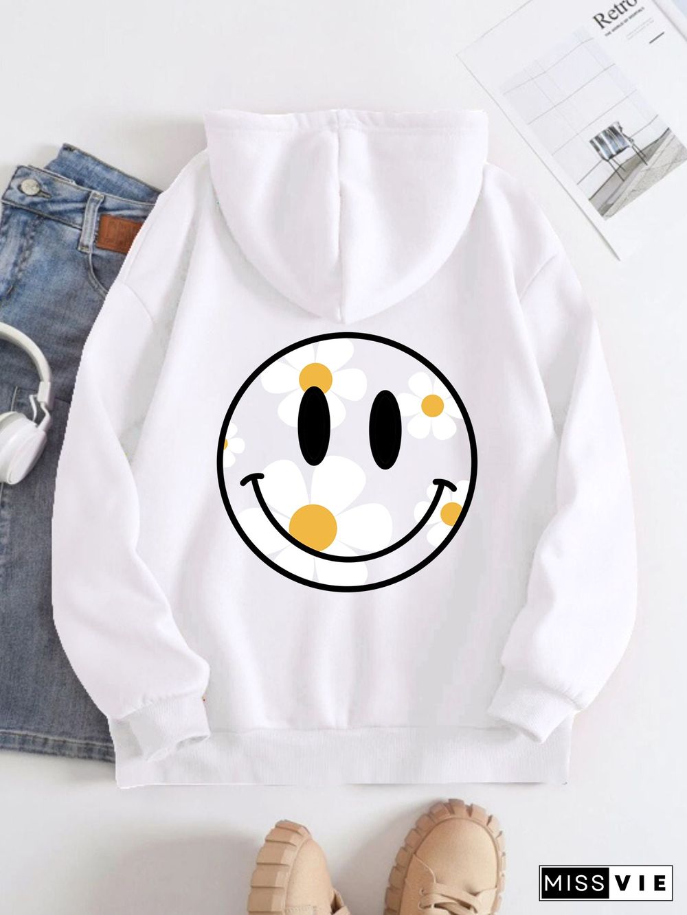 Printed on the Back Kangaroo Pocket Hoodie Long Sleeve for Women Pattern Smiley face and flowers