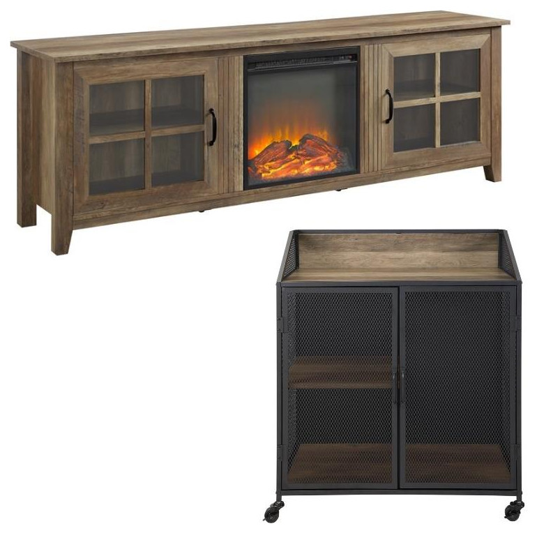 Home Square 2 Piece Set with 70 quotFireplace TV Stand and Bar Cabinet in Oak   Transitional   Entertainment Centers And Tv Stands   by Homesquare  Houzz