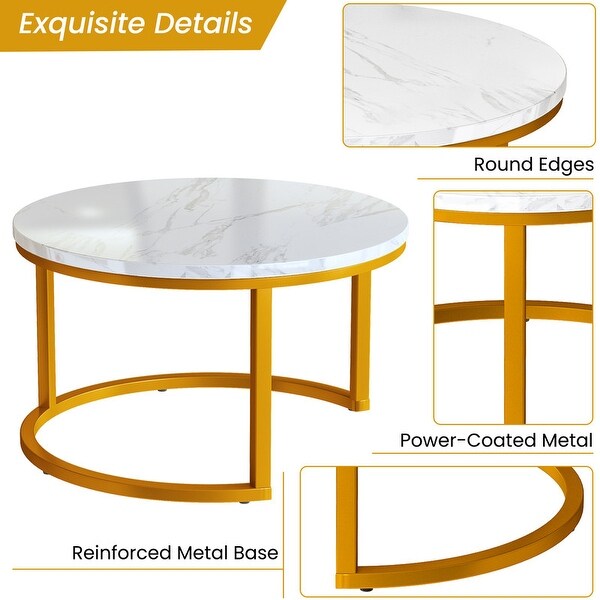 Stylish Round Coffee Table Set Nesting Coffee Tables with Metal Frame and 1 Metal Mesh Shelf (Set of 2)