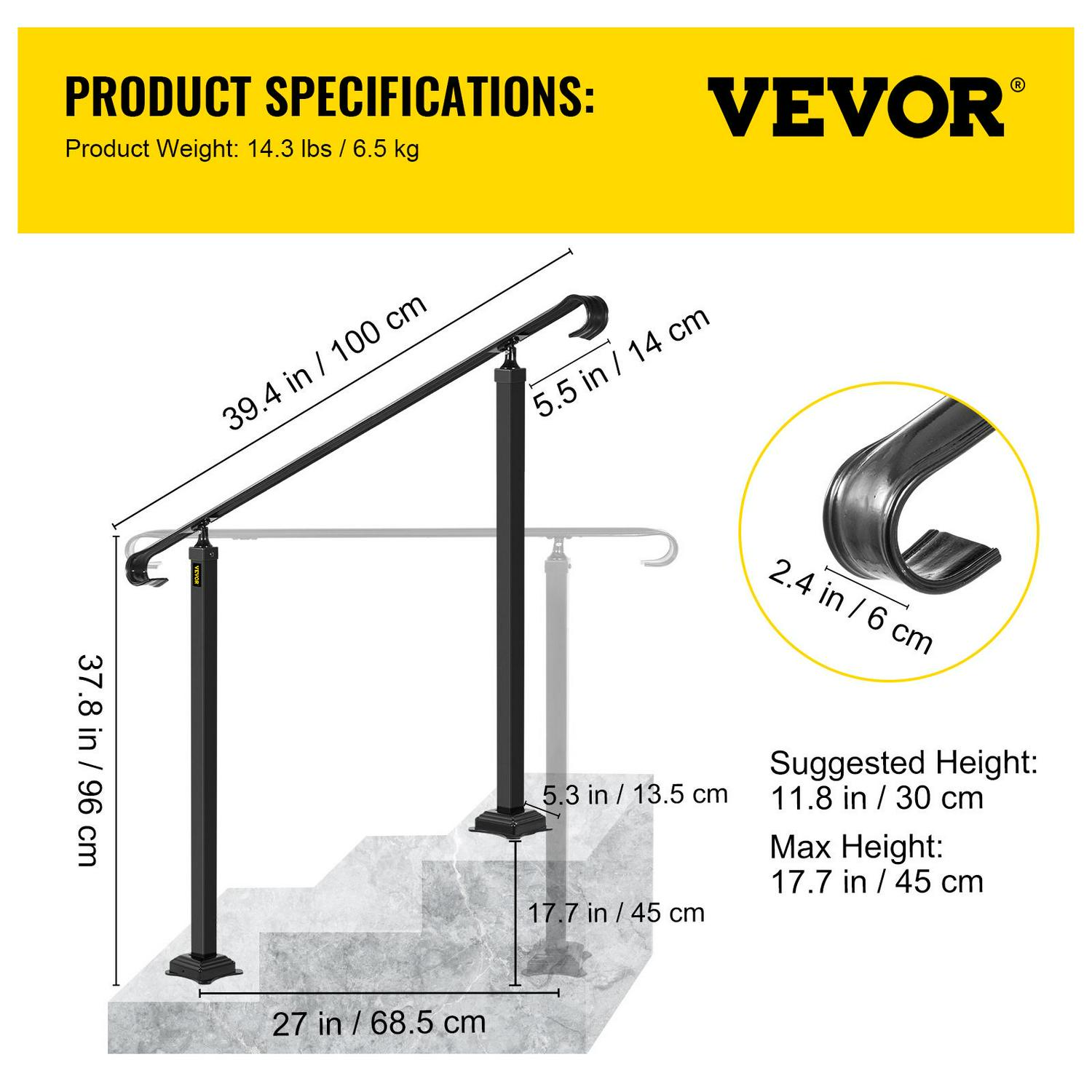 VEVORbrand Handrail for Stairs Fit 1 or 2 Steps Wrought Iron Handrail，Outdoor Stair Railing， Height Adjustable Front Porch Hand Rail， Black