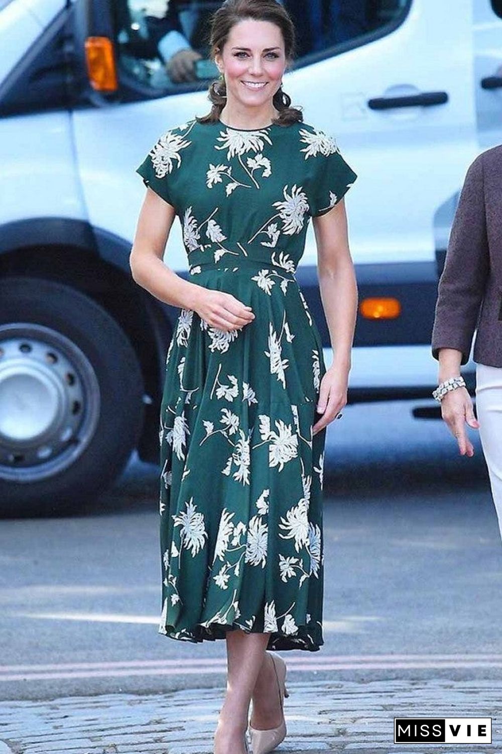 Green Dahlia-Print Kate Middleton Midi Dress