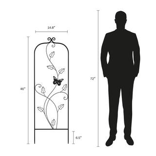 Black 46 in. Metal Trellis with Vine and Butterfly Design for Climbing Plants and Flowers 925689QSD