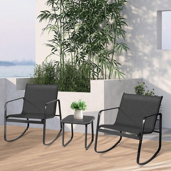 3Piece Outdoor Patio Rocking Chair Bistro Set with Glass Top Coffee Table