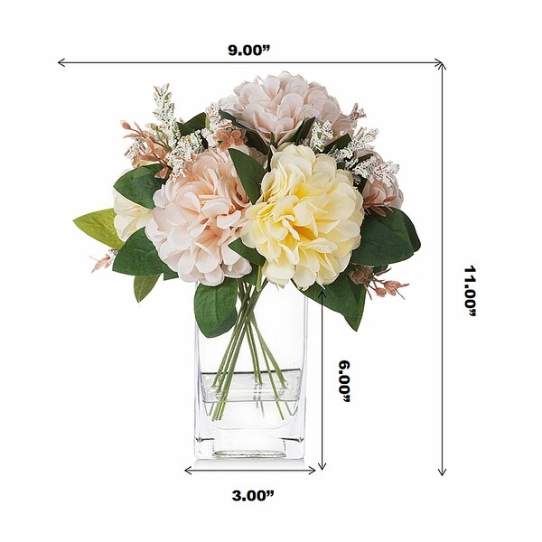 Enova Home Artificial Silk Dahlia Fake Flowers Arrangement in Clear Rectangular Glass Vase with Faux Water for Home Decór