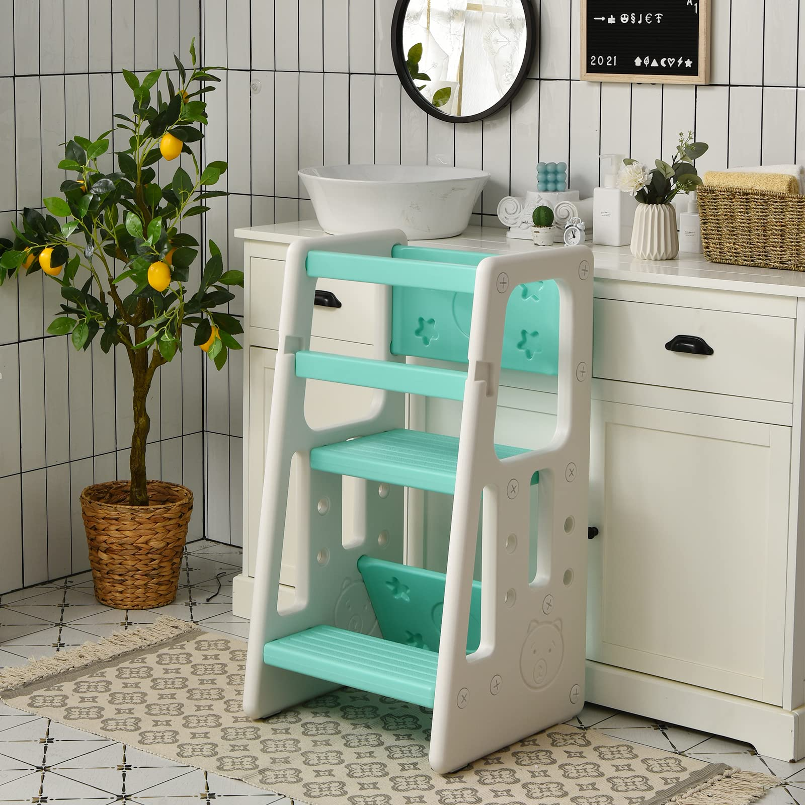 Costzon Kids Kitchen Step Stool with Double Safety Rails