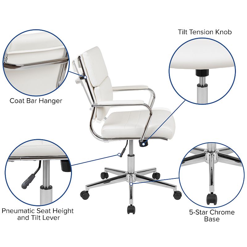 Merrick Lane McEntyre White Ergonomic Swivel Office Chair Panel Style Mid-Back Faux Leather Computer Desk Chair with Padded Chrome Arms and Base