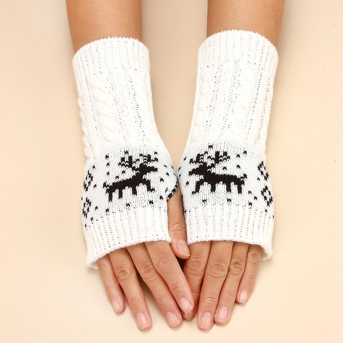 Women Fingerless Gloves - Winter Arm Warmer Gloves Wrist Gloves Thumbhole Stretchy Gloves Knitted Gloves2setwhite + Black