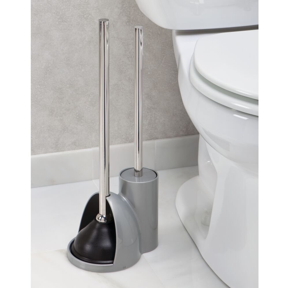 mDesign Compact Plastic Toilet Bowl Brush and Plunger Combo Set with Holder - Caddy for Bathroom Storage - Sturdy， Heavy Duty， Deep Cleaning - Silver/Brushed