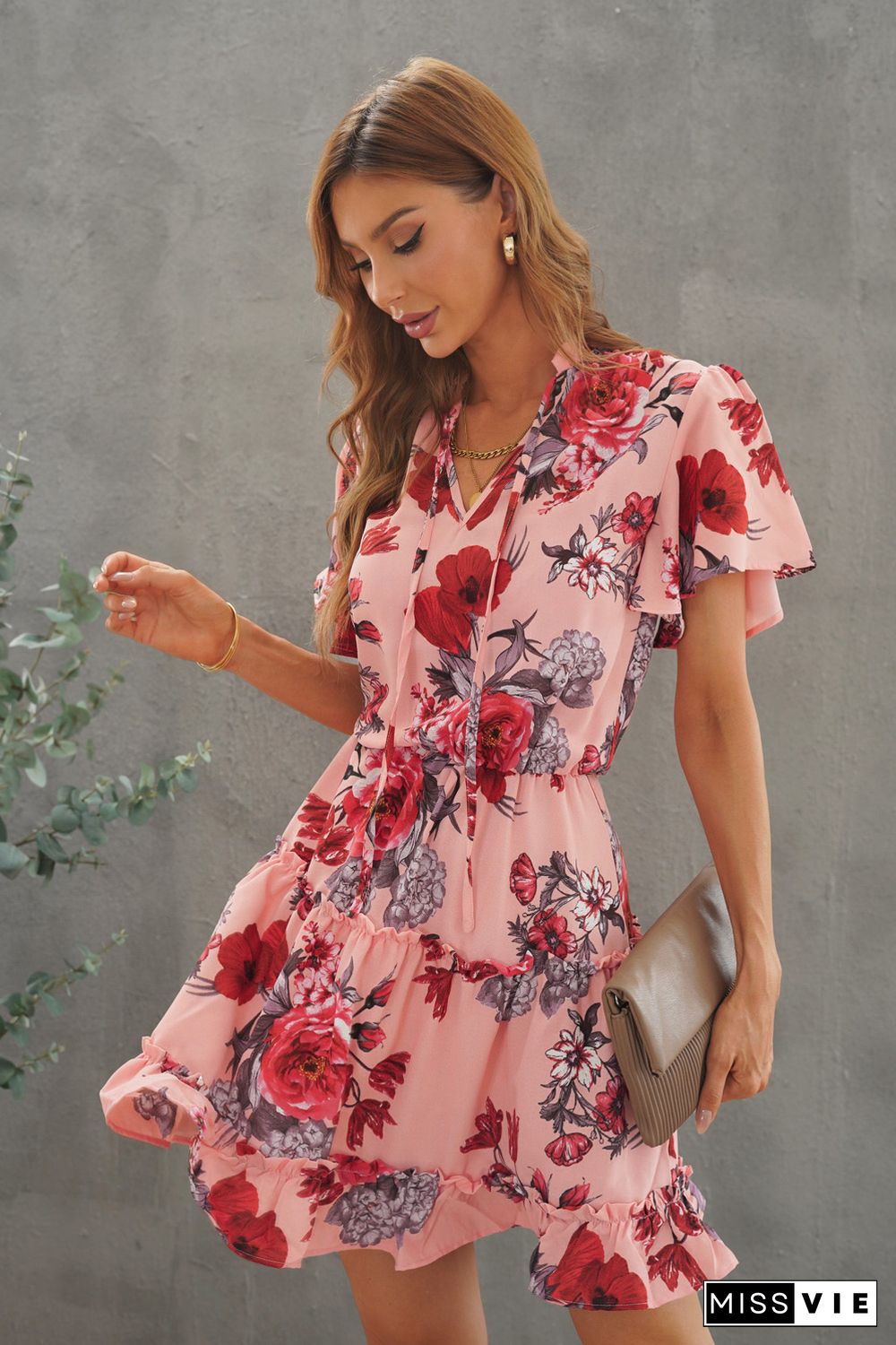 Pink Floral Print Split Neck Flutter Sleeve Flowy Tunic Mini Dress