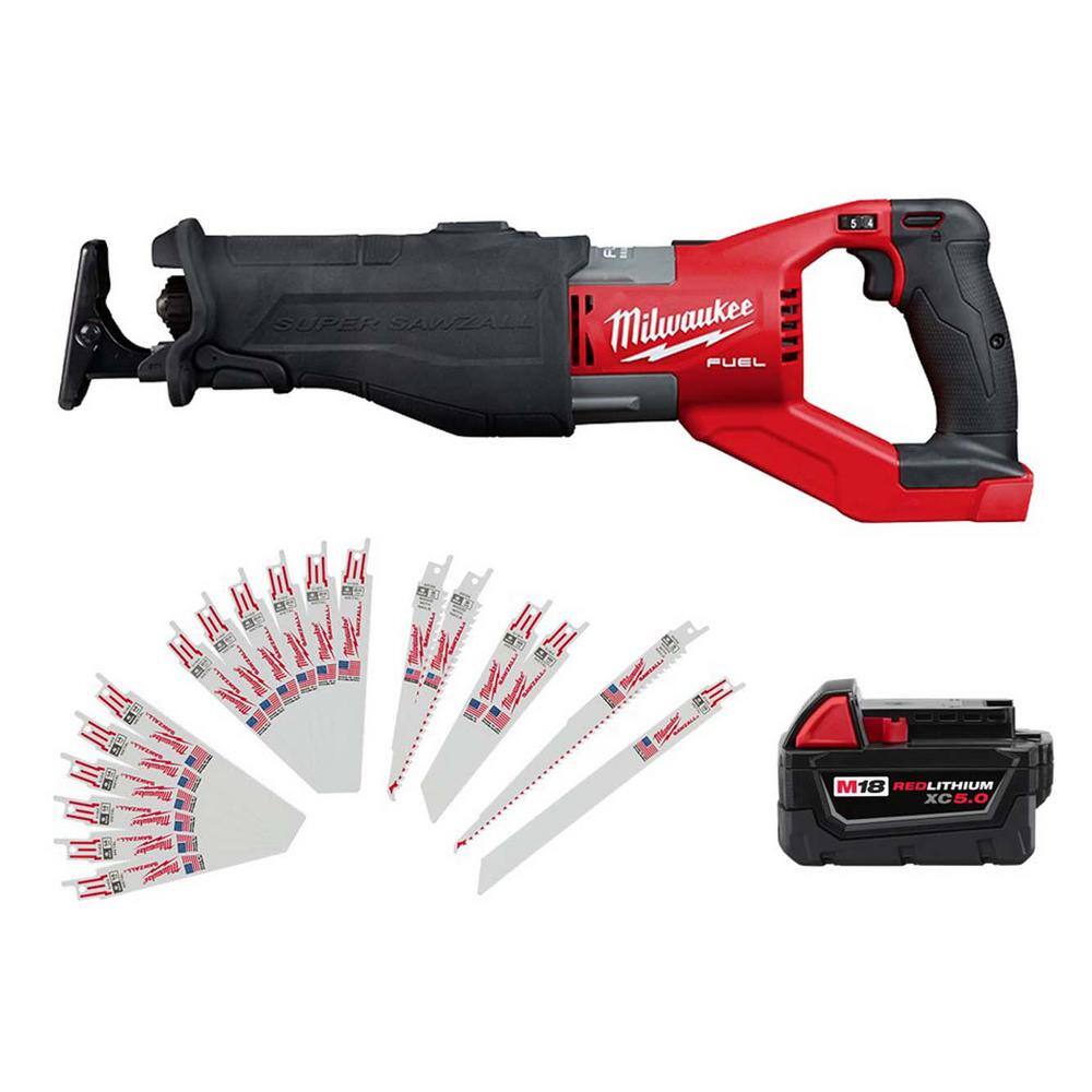 MW M18 FUEL 18V Lithium-Ion Brushless Cordless SUPER SAWZALL Orbital Reciprocating Saw w5.0Ah Battery  Sawzall Blade Set 2722-20-48-11-1850-49-22-1110F