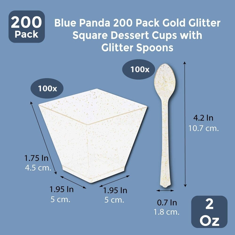 Serves 100 Gold Glitter 2 oz Square Mini Plastic Dessert Cups with Spoons