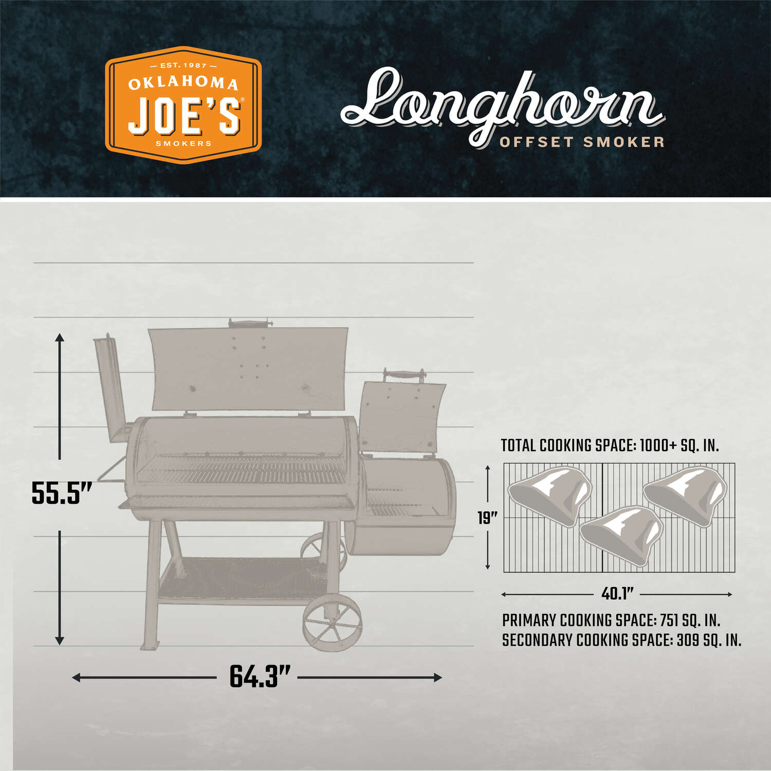 Oklahoma Joes Longhorn Charcoal/Wood Offset Smoker Black