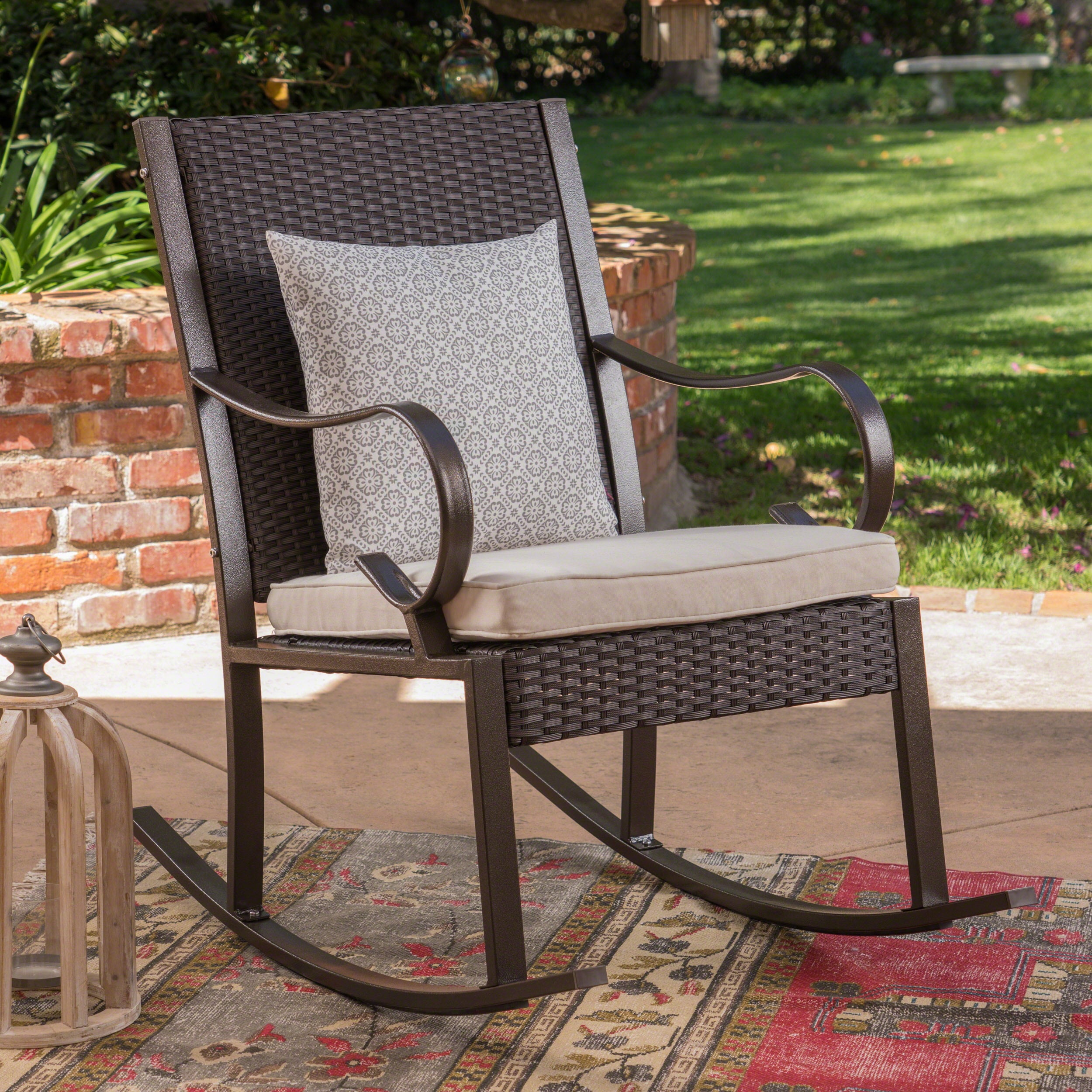 Outdoor Wicker Rocking Chair with Cushion, Cream, Dark Brown