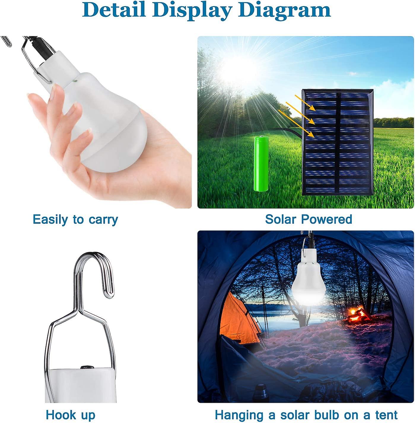 2 Portable Solar Camping Lights， Solar Bulbs Led Solar Emergency Light Garden Lights With Hook Bulb Panel