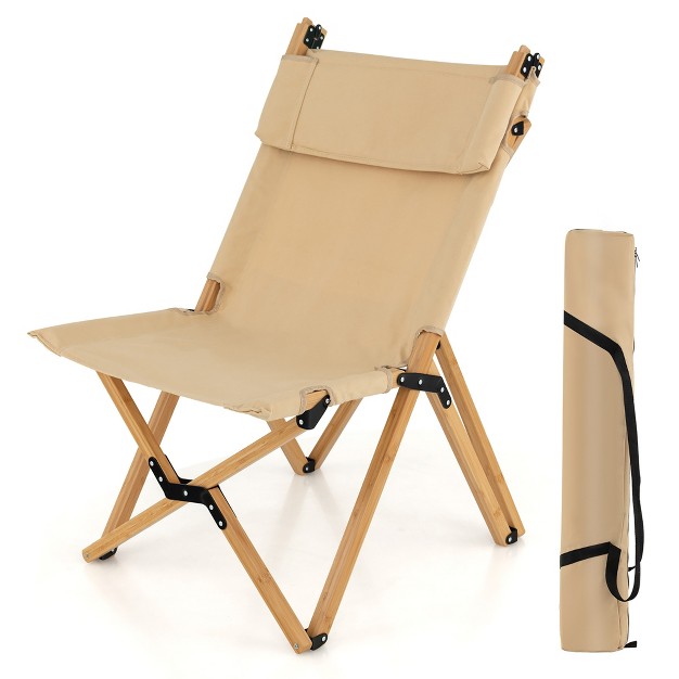 Tangkula Outdoor Adjustable Backrest Chair Folding Camping Chair Bamboo W Carrying Bag