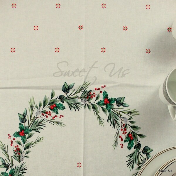 Wipeable Spill Resistant French Acrylic Coated Christmas Tablecloth - White