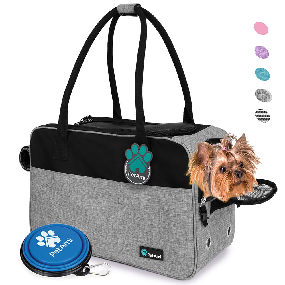 PetAmi Airline Approved Dog Purse Carrier | Soft-Sided Pet Carrier for Small Dog， Cat， Puppy， Kitten | Portable Stylish Pet Travel Handbag | Ventilated Breathable Mesh， Sherpa Bed (Heather Grey)