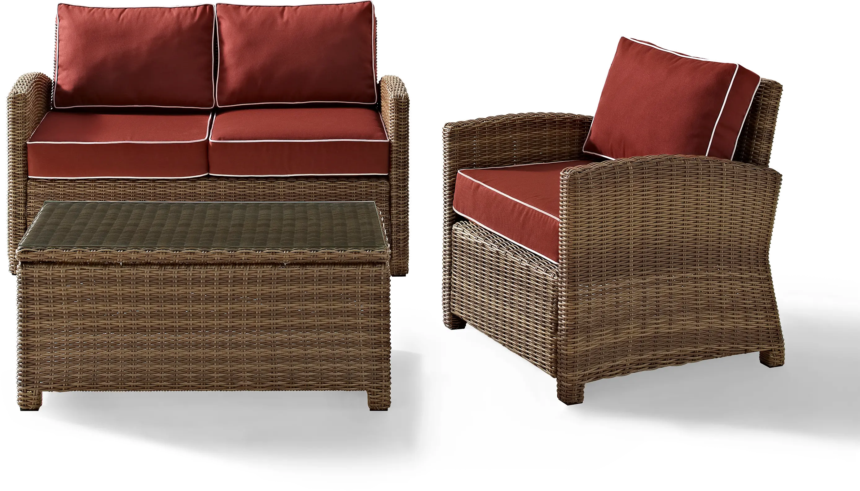 Bradenton Sangria and Wicker 3 pc Loveseat， Armchair， and Table