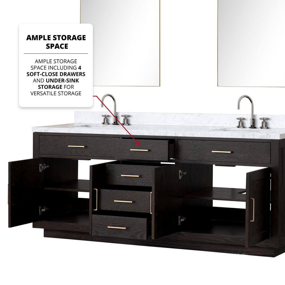 Lexora Condor 84 in W x 22 in D Black Oak Double Bath Vanity Carrara Marble Top and 36 in Mirrors LVCO84DJ110