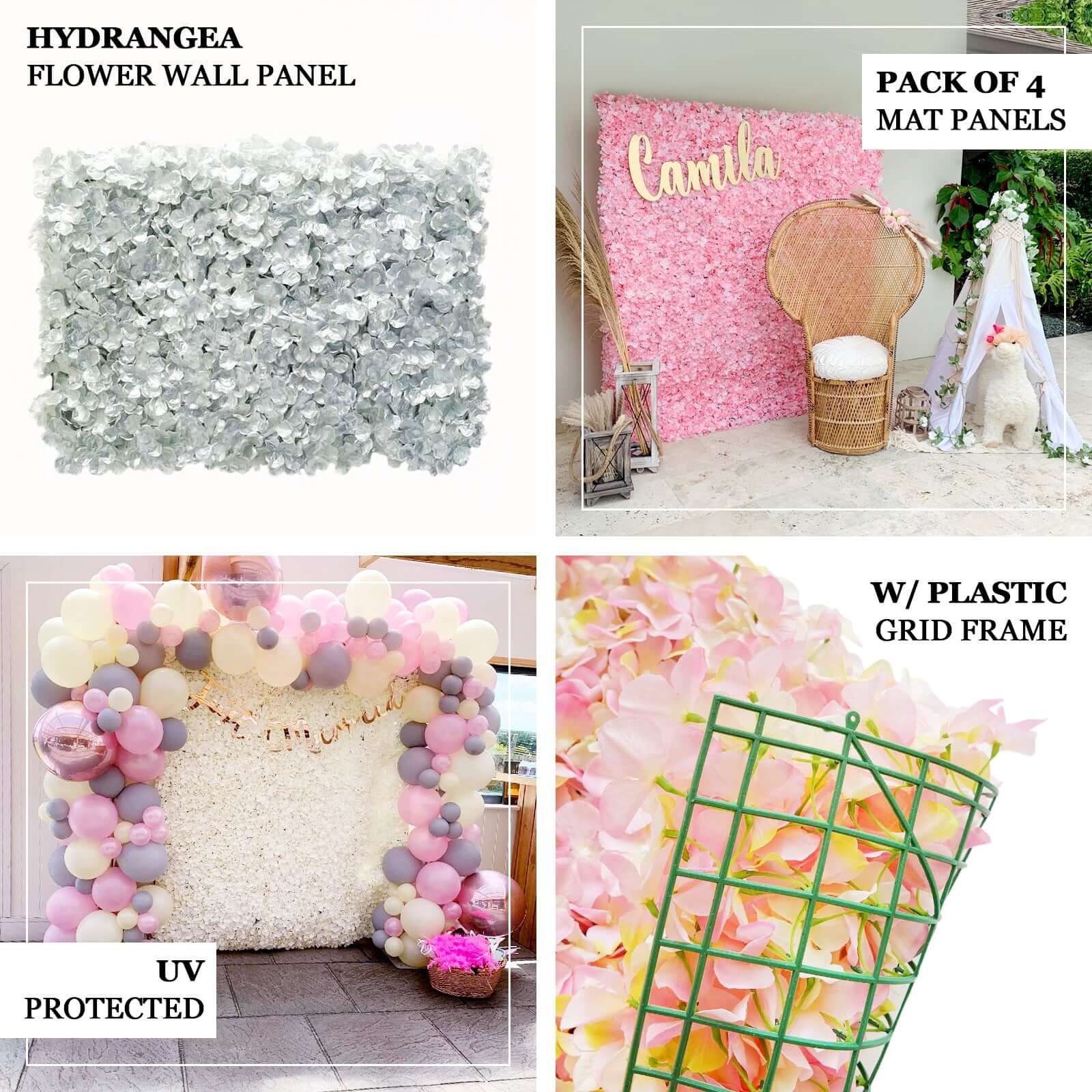 Pink / Cream UV Protected Hydrangea Flower Wall Mat Backdrop 4 Artificial Panels 11 Sq ft.