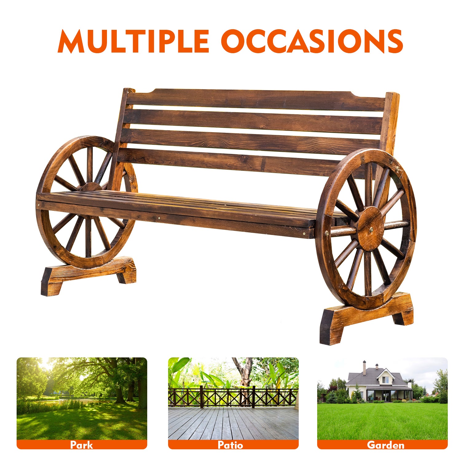 3-Person Wooden Wagon Wheel Bench for Patio, Garden, Outdoor Lounging w/ Rustic Design - Brown