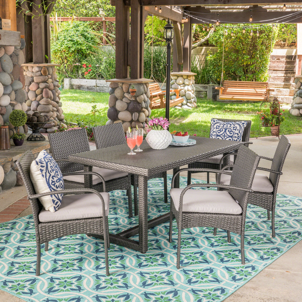 GDF Studio 7 Piece Sophia Outdoor Wicker Dining Set  Gray With Gray Cushions   Tropical   Outdoor Dining Sets   by GDFStudio  Houzz