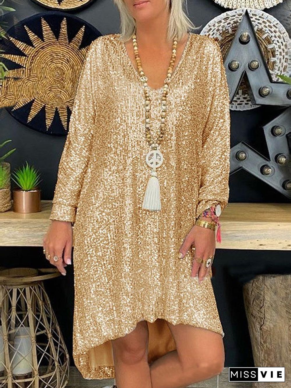 Women'S Dresses Loose Sequin V-Neck Long Sleeve Dress