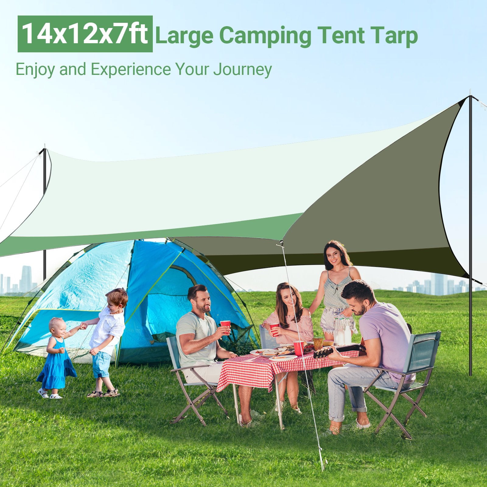 12 x 14ft Camping Tent Tarp Waterproof UPF 50+ Hammock Rain Fly with 2 Poles Outdoor Camping Accessories Tarp Shelter Lightweight and Compact for Backpacking, Hiking, Traveling, Green