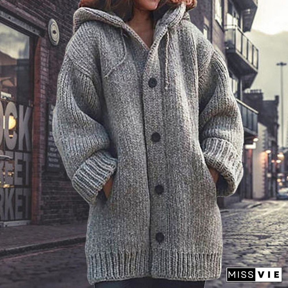 Women Fashion Mid-length Button Up Knitted Cardigan Jackets Ladies Casual Autumn and Winter Hooded Sweater Coats Strickjacke Damen