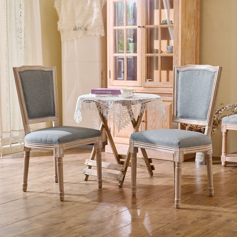 Set of 2 French Side Chairs with Carved Wood Legs   Linen Upholstery