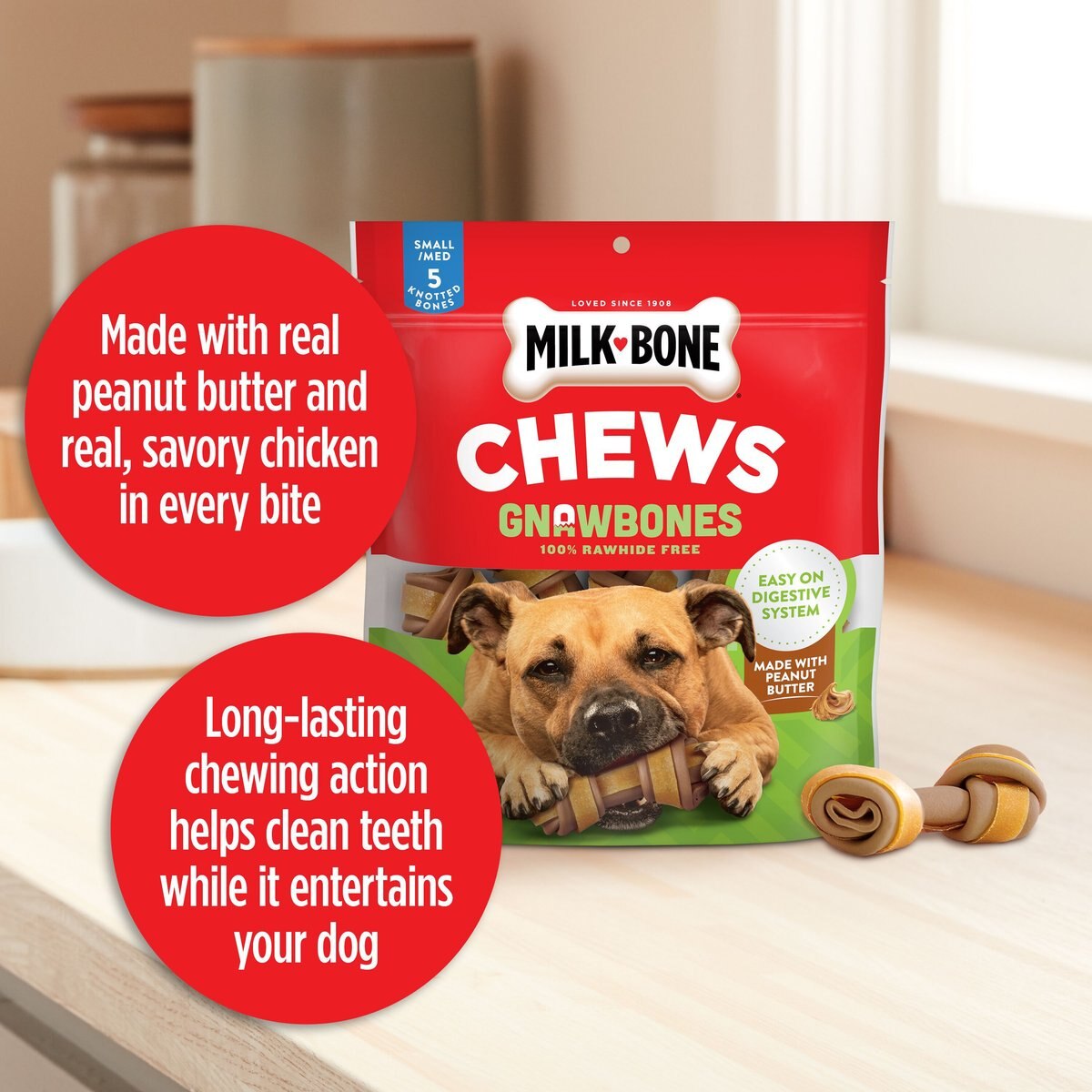 Milk-Bone Gnaw Bones Small/Medium Real Peanut Butter and Chicken Flavor Dog Treats， 5 count