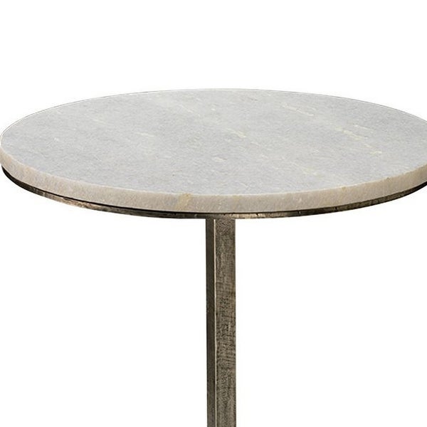 22 Inch Accent Side Table， Round Marble Top， Curved Metal Tripod Base， Gray