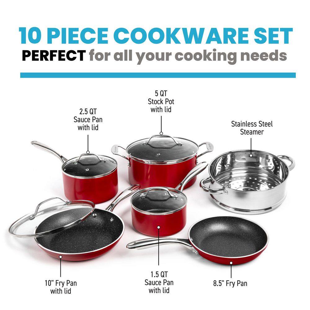 GRANITESTONE 10-Piece Aluminum Red Ultra-Durable Non-Stick Diamond Infused Cookware Set with Glass Lids 7208