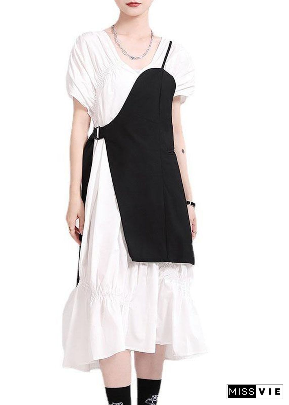 Natural Black Cotton V Neck Asymmetrical Design Summer Vacation Dress Short Sleeve