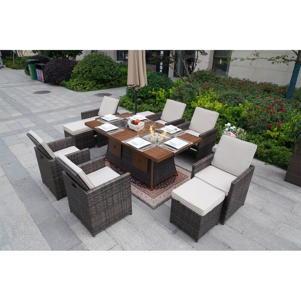 Brown Garden Patio Rectangular Dining Set With Gas Firepit And Ice Bucket and Ottomans