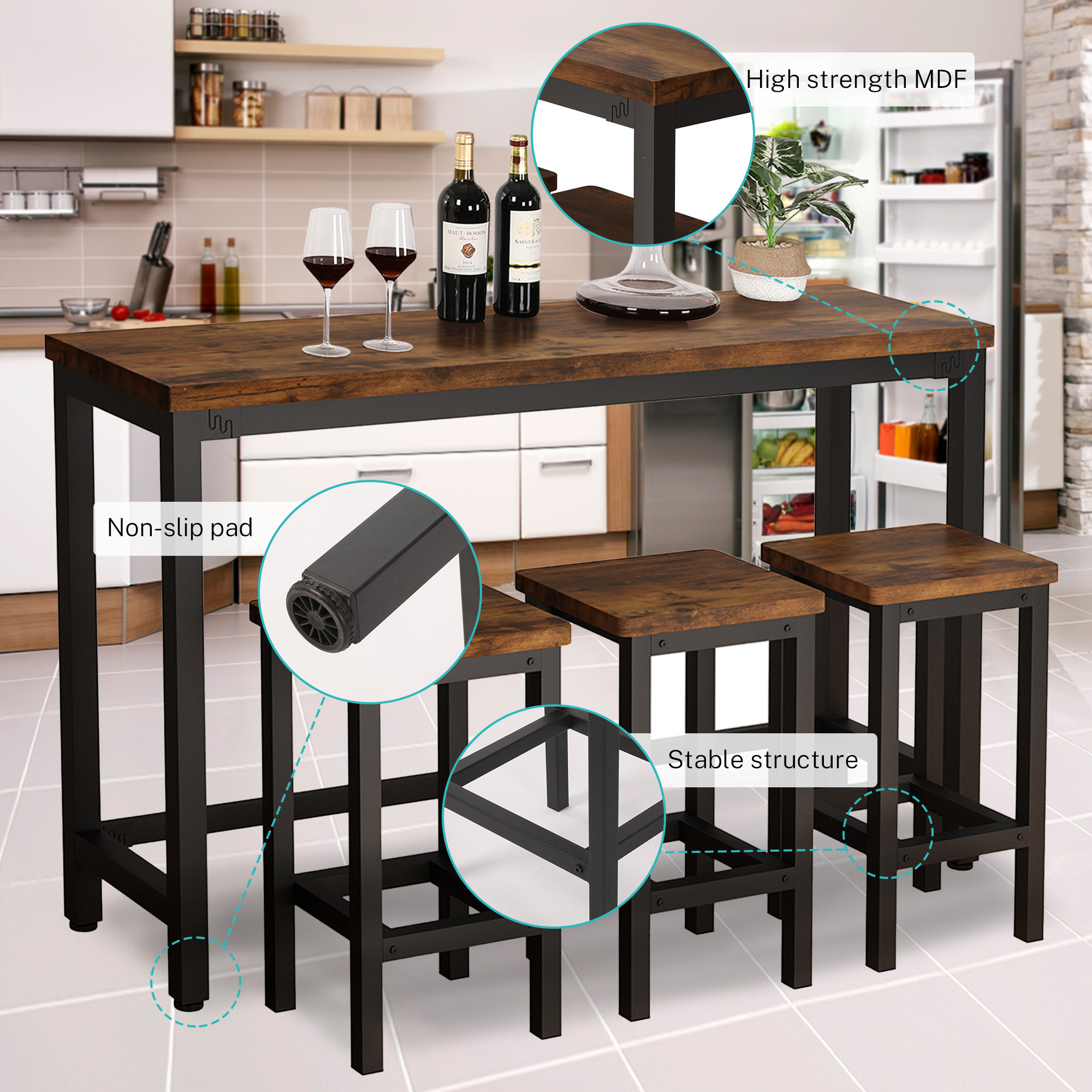 Seizeen Bar Table Set of 4， Modern Counter Height Dining Table and 3 Stools， Dark Texture Pub Bistro Set with 3 Height Stools for Small Space Kitchen Cafe Shop， Dark Brown