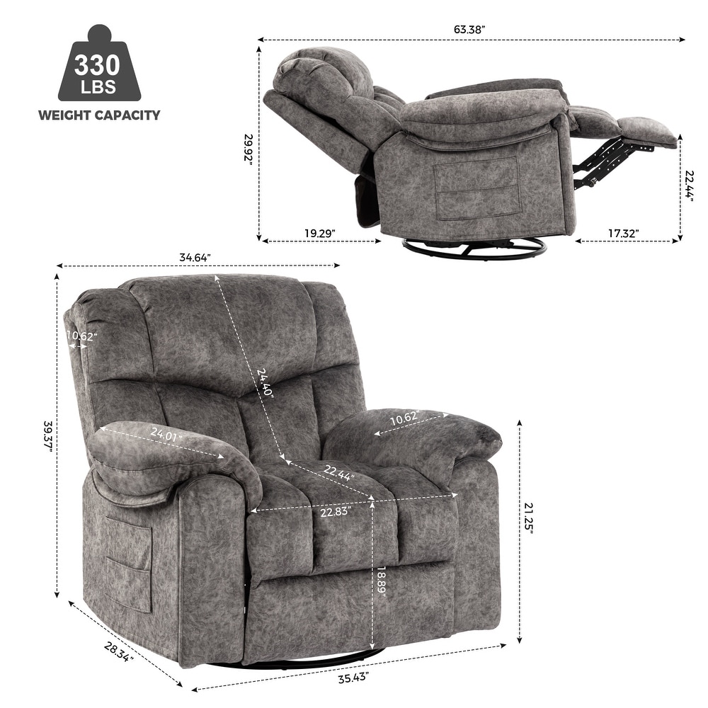 Grey Velvet Swivel and Rocking Recliner Chair with Massage  Heating  USB Charging  and Cup Holders  Enlarged   Widen Seat