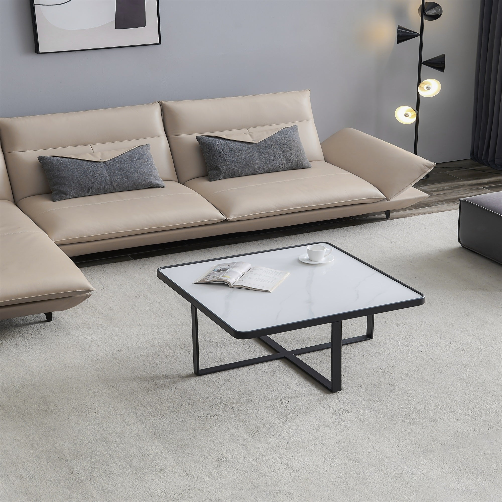 Minimalism Square Coffee Table with Sintered Stone Tabletop， Sofa Table with Black Metal Frame for Living Room， Office